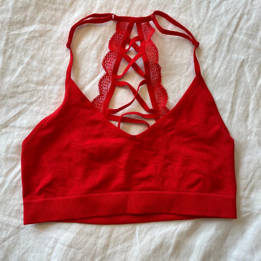 Anthropologie Womens Bralette Bra Criss Cross Lace Red M - Priced to sell! 💸